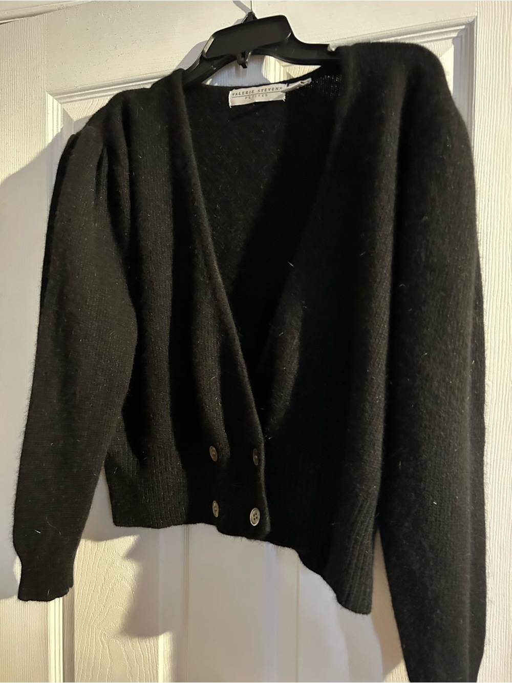 Vintage Valerie Stevens Black V-Neck Button Cropped Cardigan - Lambswool/Angora